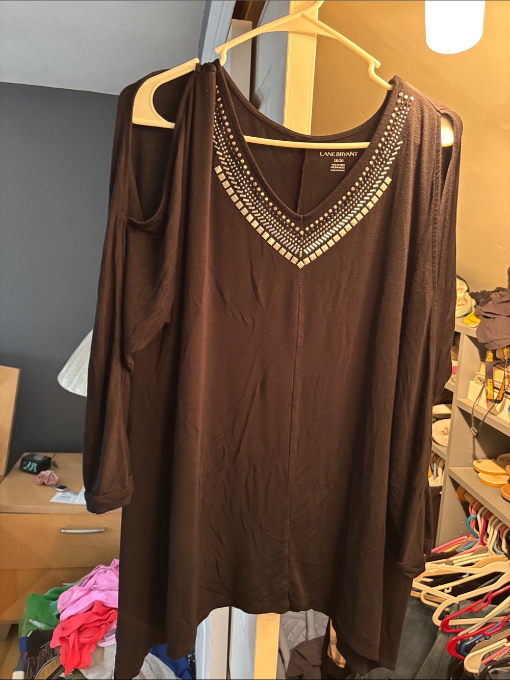 Lane Bryant Black Cold-Shoulder Tunic with Metallic Bead V-Neck
